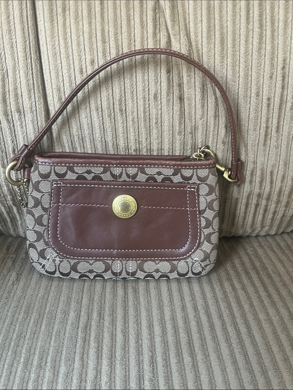 Coach Brown Leather & Signature Canvas Wristlet